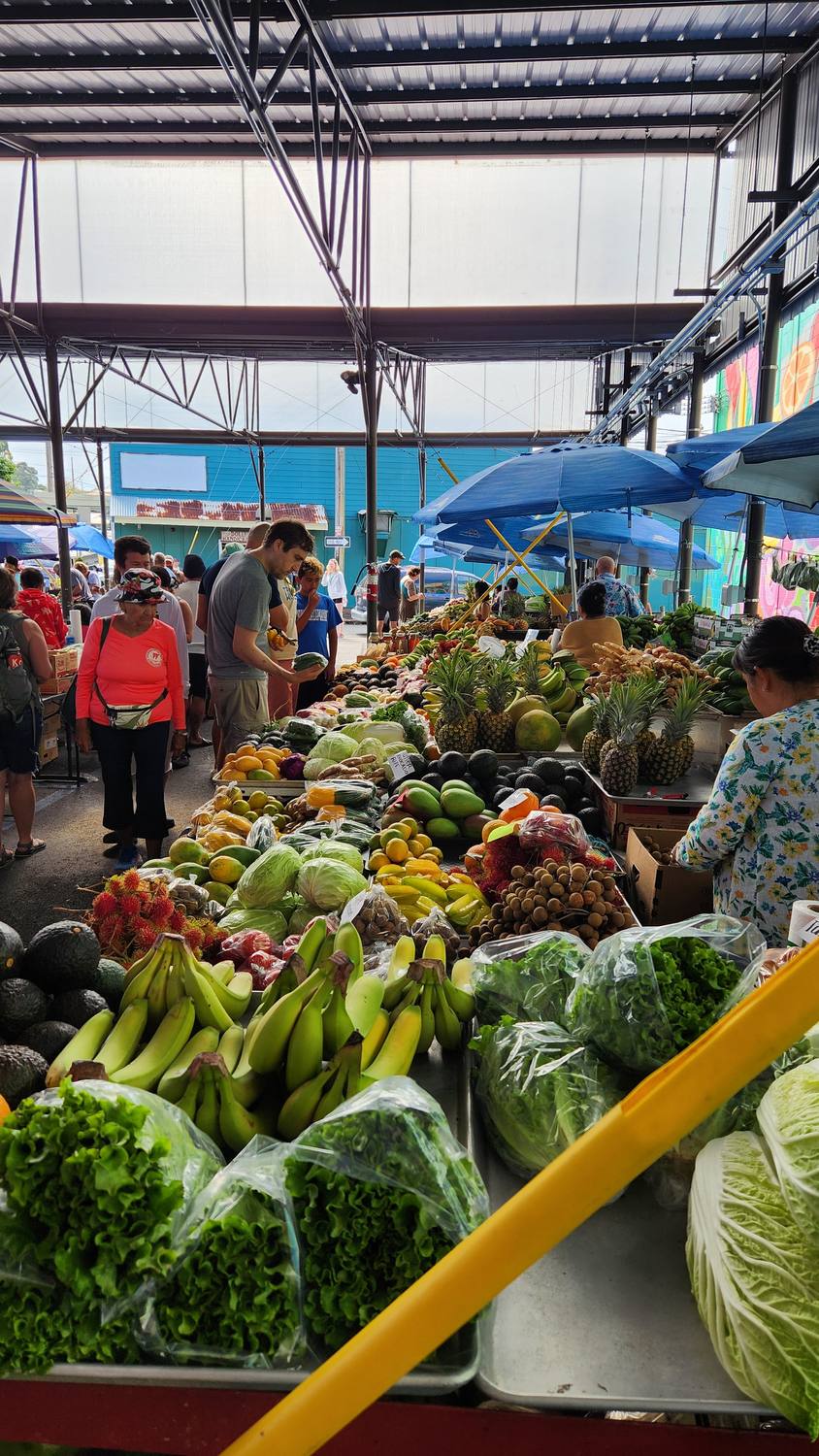 A busy covered market aisle piled with bananas, greens, avocados, papayas, and other produce, with shoppers under blue umbrellas and a metal roof.
