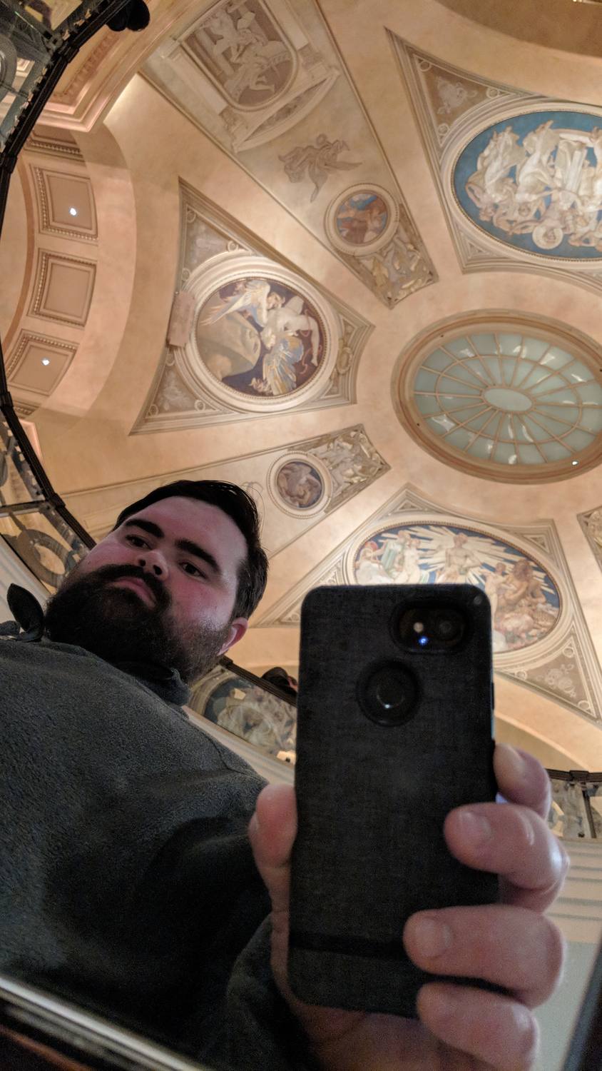 Joe, bearded, taking a selfie in a mirrored surface while holding up his phone, under the MFA rotunda's painted ceiling of round and arched murals framed in cream and gold.
