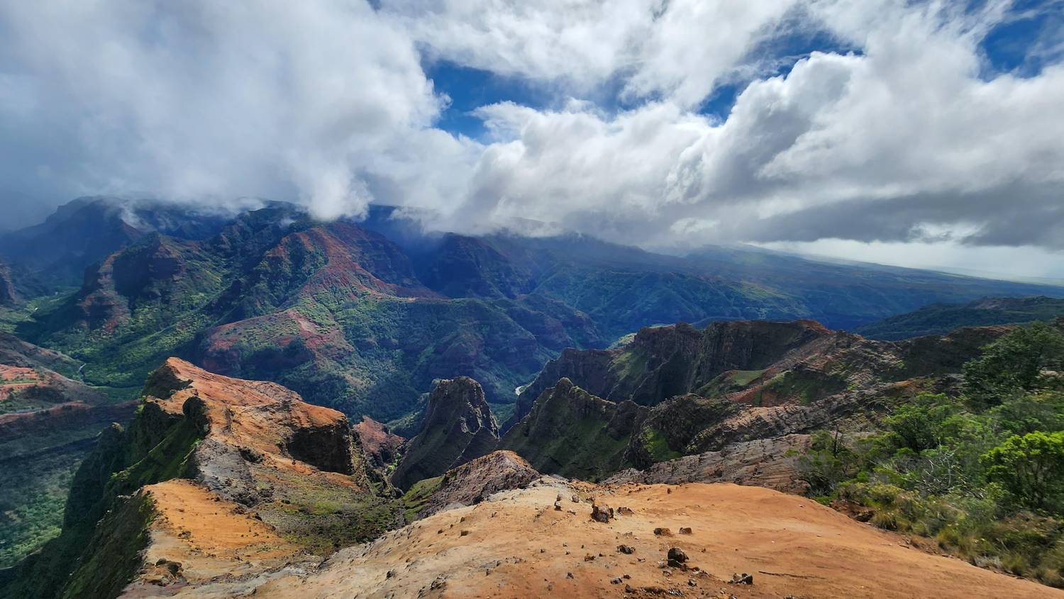 Waimea Canyon from a lookout: red and orange eroded ridges and cliffs dropping into a deep green canyon, under heavy white clouds.