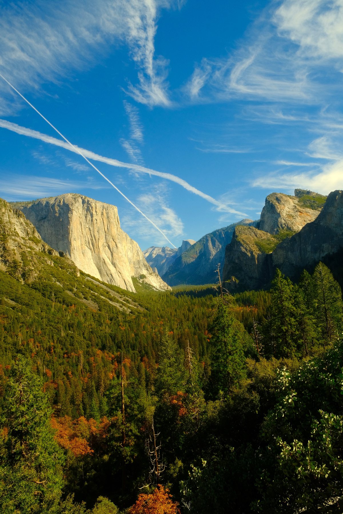 Tunnel View in Yosemite: El Capitan on the left, Half Dome in the distance, and the valley floor full of evergreens and fall color under a blue sky streaked with contrails.