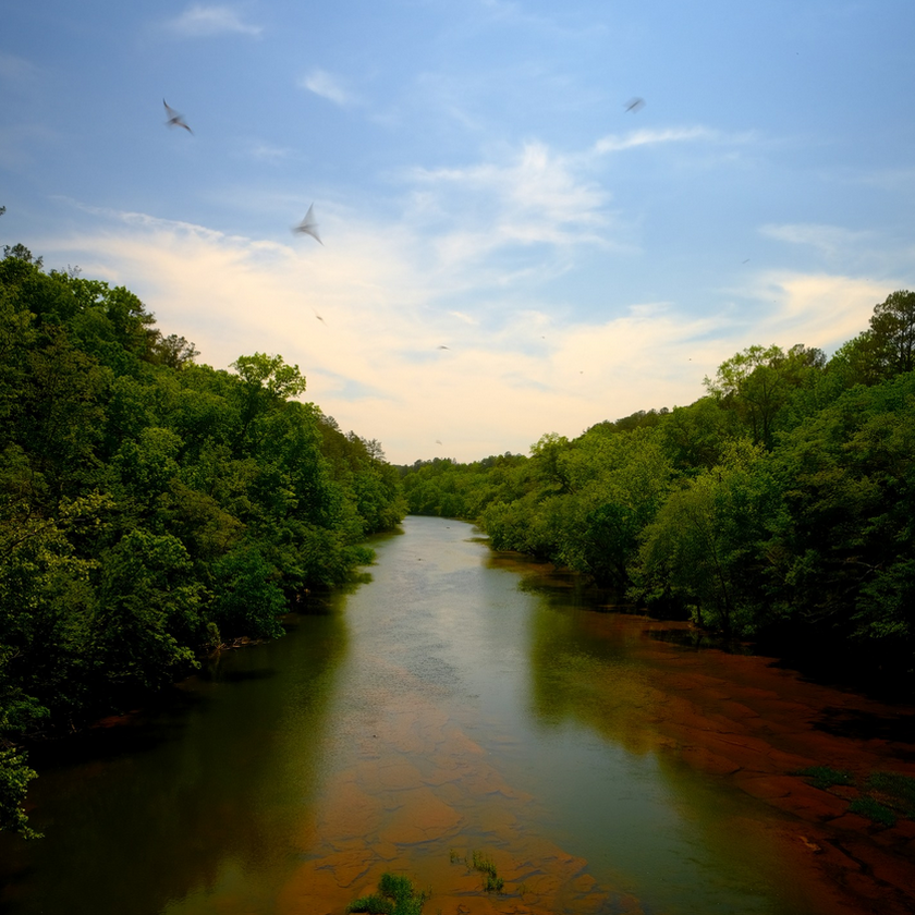 Cahaba River winding through dense green forest at Cahaba River National Wildlife Refuge in Alabama.